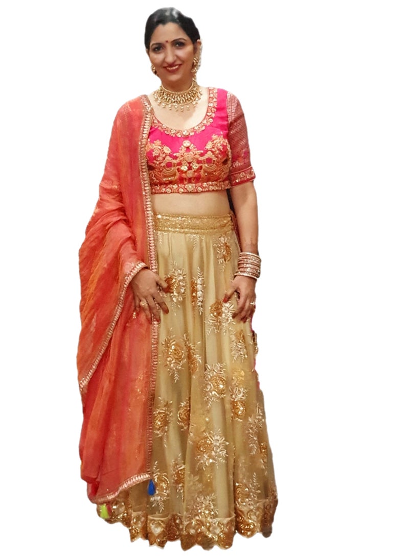Traditional Georgette Golden Lehenga With Embroidery With Kota Pink Dupatta Plus Stitched Medium Size Blouse