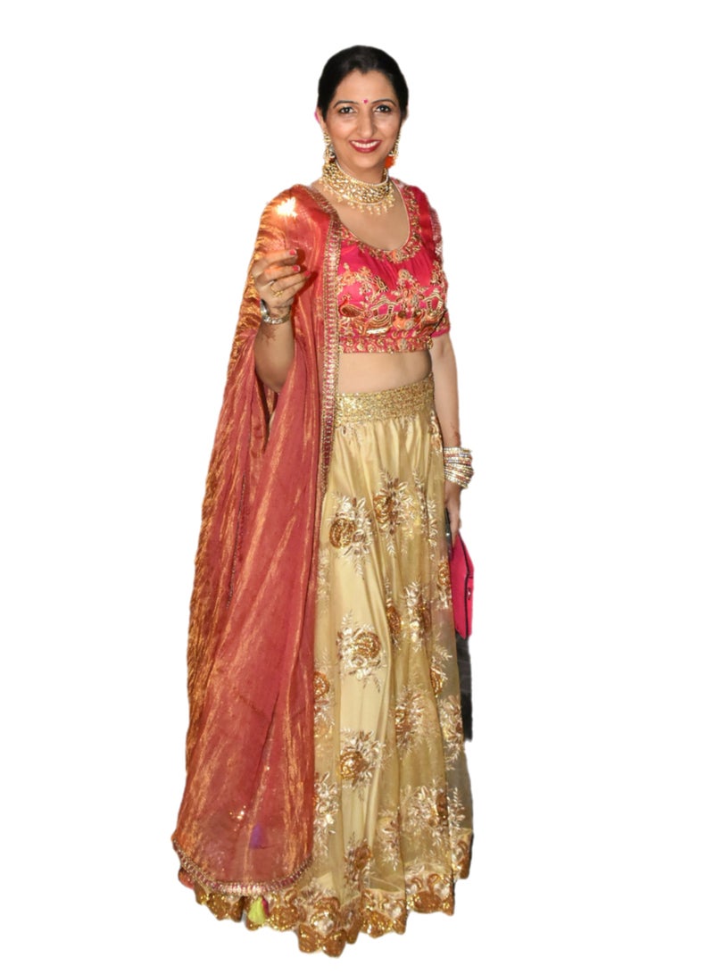 Traditional Georgette Golden Lehenga With Embroidery With Kota Pink Dupatta Plus Stitched Medium Size Blouse