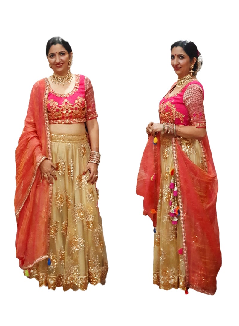 Traditional Georgette Golden Lehenga With Embroidery With Kota Pink Dupatta Plus Stitched Medium Size Blouse