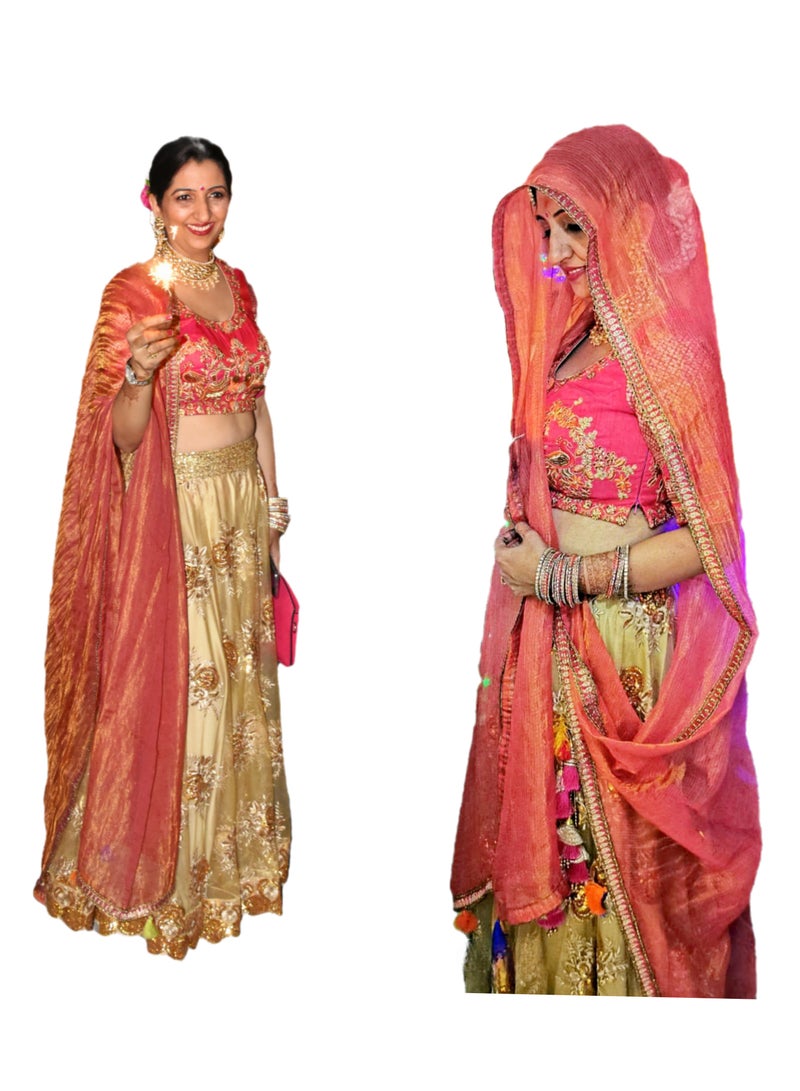 Traditional Georgette Golden Lehenga With Embroidery With Kota Pink Dupatta Plus Stitched Medium Size Blouse