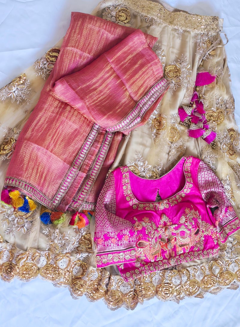 Traditional Georgette Golden Lehenga With Embroidery With Kota Pink Dupatta Plus Stitched Medium Size Blouse
