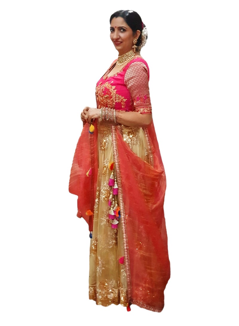 Traditional Georgette Golden Lehenga With Embroidery With Kota Pink Dupatta Plus Stitched Medium Size Blouse