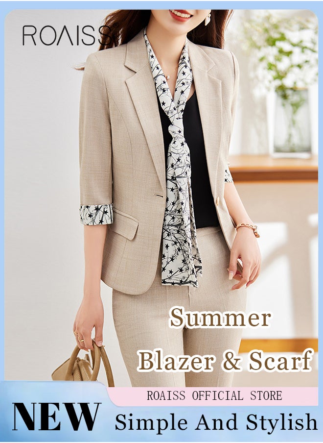 Women's White Suits with Scarf Long Sleeve Blazer Office Women's Wear Thin Casual Design Women's Blazers Lapel Long Sleeve Button Casual Business Jacket