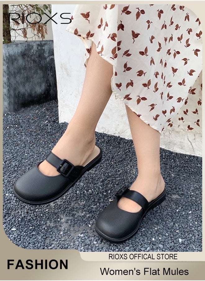 Women's Flat Mules Half Drag Shoes For Women Girls Closed Toe Sandals Ladies Female Fashion Comfortable Slippers Backless Mule Shoes Slip-On Flats With Buckle