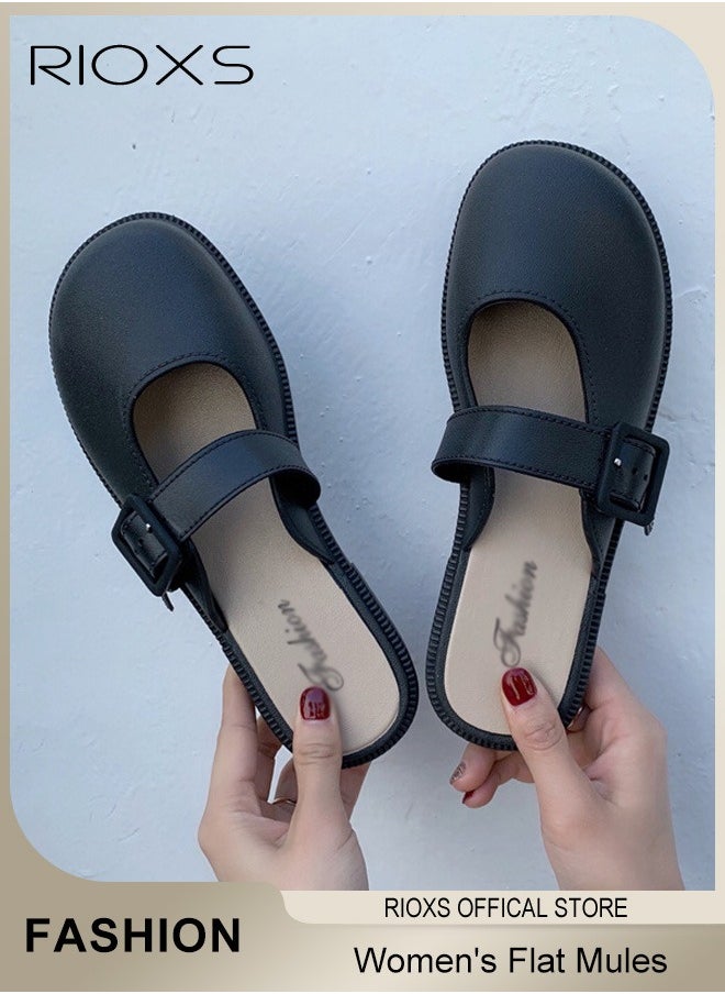 Women's Flat Mules Half Drag Shoes For Women Girls Closed Toe Sandals Ladies Female Fashion Comfortable Slippers Backless Mule Shoes Slip-On Flats With Buckle