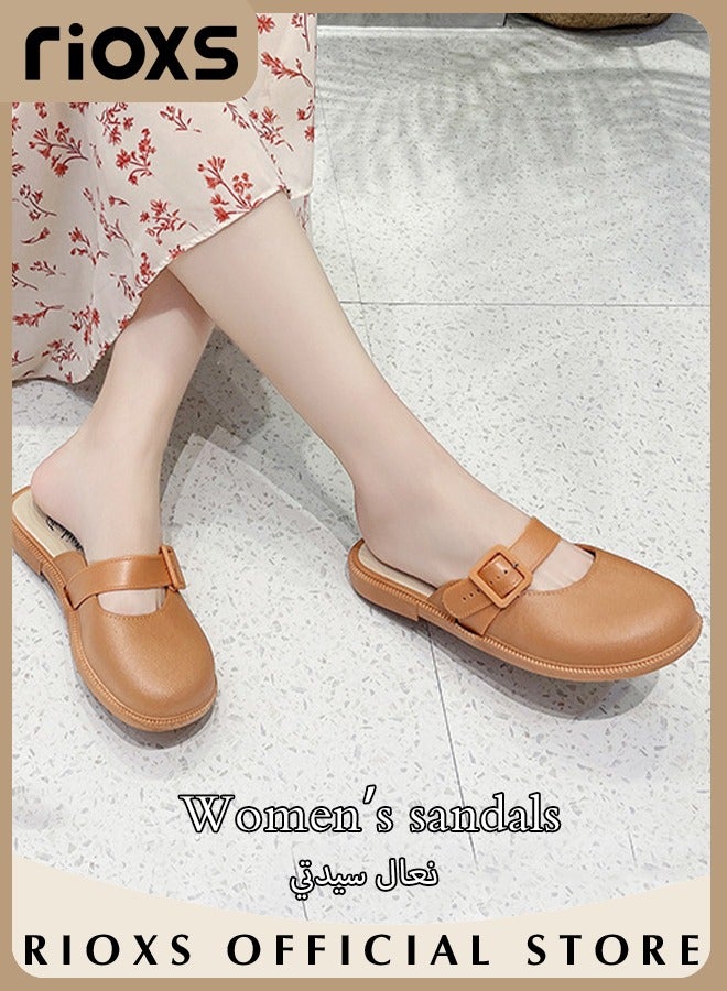 Women's Flat Mules Half Drag Shoes For Women Girls Closed Toe Sandals Ladies Female Fashion Comfortable Slippers Backless Mule Shoes Slip-On Flats With Buckle