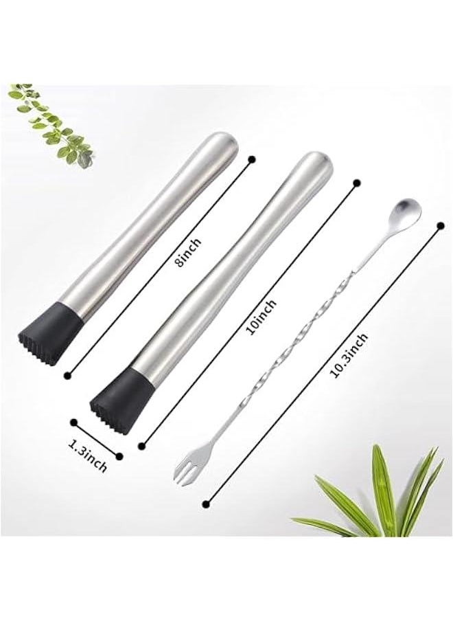 10 inch & 8 inch Stainless Steel Cocktail Muddler with 2 Mixing Spoon, Home Bar Tool Set, for Making & Creating Delicious Mojitos, & Other Fruit Based Drinks & Beverages in Various Containers