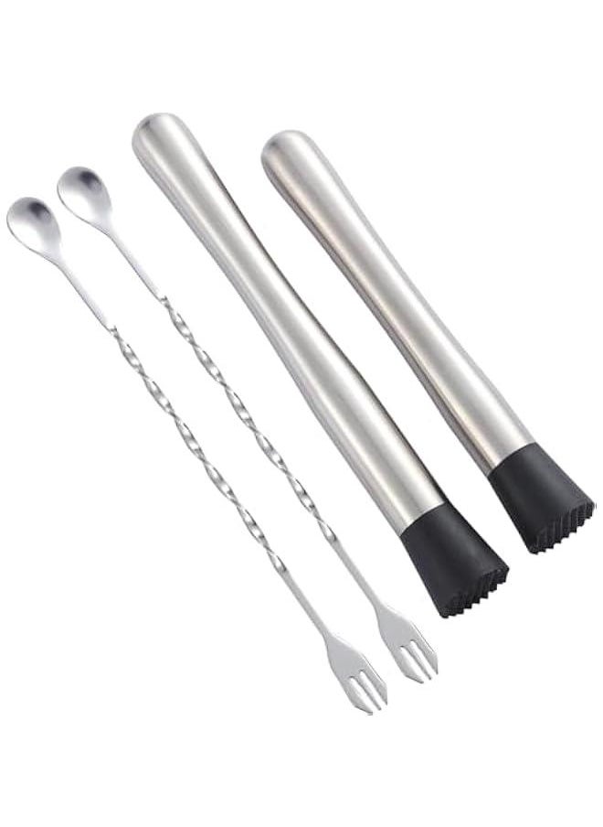 10 inch & 8 inch Stainless Steel Cocktail Muddler with 2 Mixing Spoon, Home Bar Tool Set, for Making & Creating Delicious Mojitos, & Other Fruit Based Drinks & Beverages in Various Containers