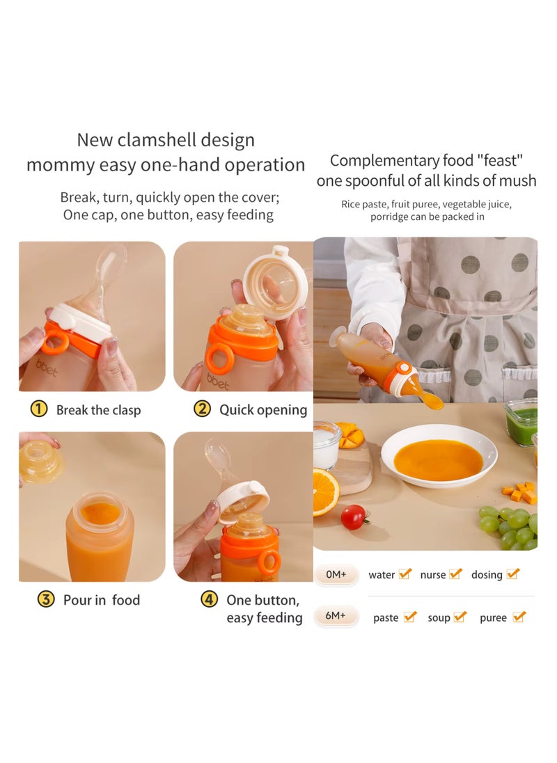 Twisoo Silicone Baby Food Feeder Bottle with Flip Button- 120ML BPA-Free Squeeze Feeder for Toddlers, Ideal for Semi-Solid Foods, Cereals, Purees & Anti-Colic Design (Orange)