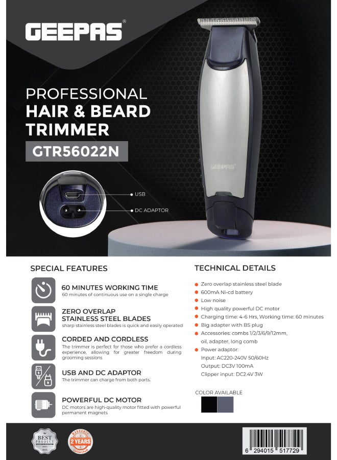 Professional Hair & Beard  Trimmer |  60 Minutes Working Time, Zero Overlap Stainless Steel Blades for Corded and Cordless Use | Low Noise,  USB and DC Adaptor with BS Plug| Provide Accessories Like Combs, Oil, Adapter for Professional Finish| 2 Years Warranty GTR56022 Blue/Silver