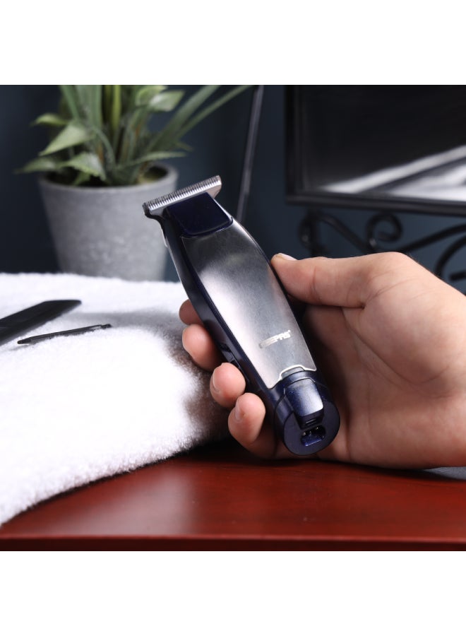 Professional Hair & Beard  Trimmer |  60 Minutes Working Time, Zero Overlap Stainless Steel Blades for Corded and Cordless Use | Low Noise,  USB and DC Adaptor with BS Plug| Provide Accessories Like Combs, Oil, Adapter for Professional Finish| 2 Years Warranty GTR56022 Blue/Silver