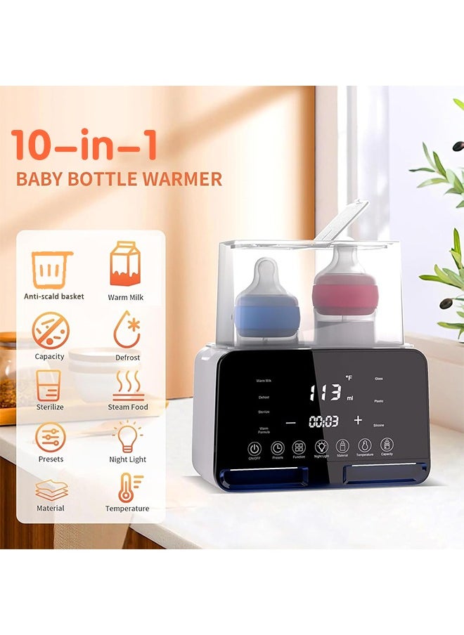 Baby Double Bottle Warmer, 10-in-1 Multifunction Breast Milk Warmer with Night Light, Fast Baby Food Heater and Defrost Warmer with Timer, LCD Display Accurate Temperature Adjustment, 48H Keep Warm