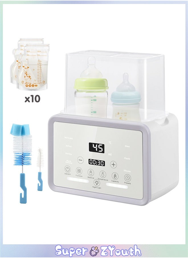 Baby Double Bottle Warmer, 10-in-1 Multifunction Breast Milk Warmer with Night Light, Fast Baby Food Heater and Defrost Warmer with Timer, LCD Display Accurate Temperature Adjustment, 48H Keep Warm