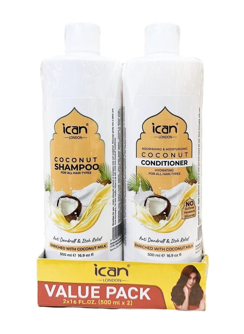 ican London Coconut Enriched Anti Dandruff, Itch Relief Shampoo & Conditioner DUO PACK 500ml X 2