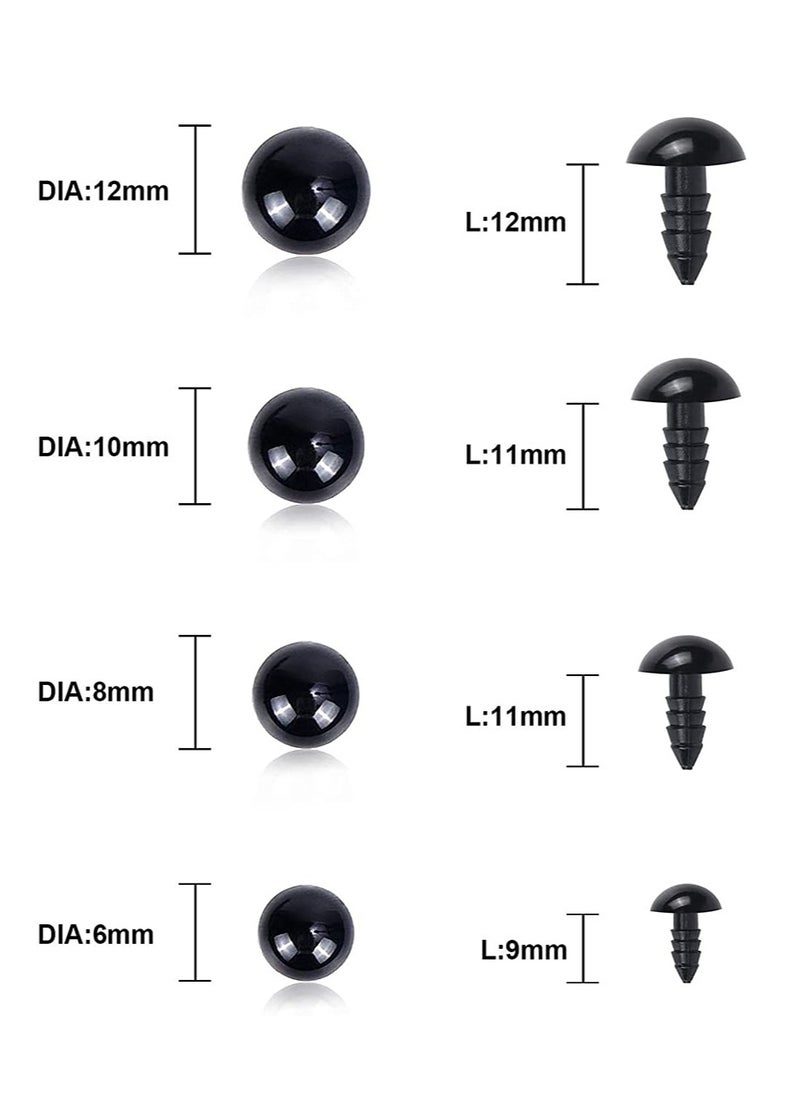 500 Pieces Plastic Eyes Black Crafts Safety Eyes Stuffed Toys Snap Animal Scrapbooking Puppet Dolls DIY Accessories with Washers for Crochet Animal Crafts Doll Making Bulk 4 Sizes