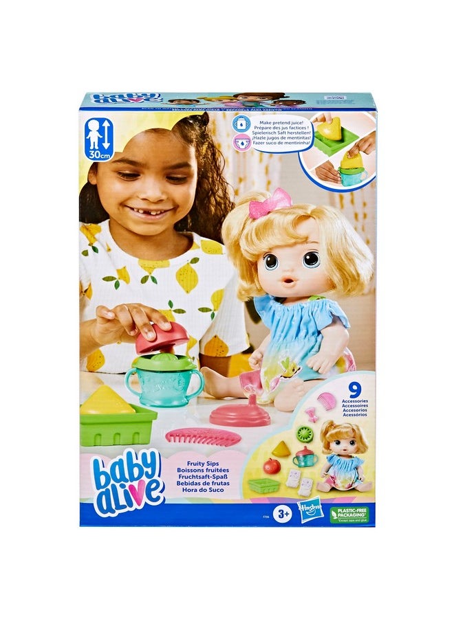 Fruity Sips Doll, Apple, Toys For 3 Year Old Girls, 12-Inch Baby Doll Set, Drinks & Wets, Pretend Juicer, Kids 3 And Up, Blonde Hair