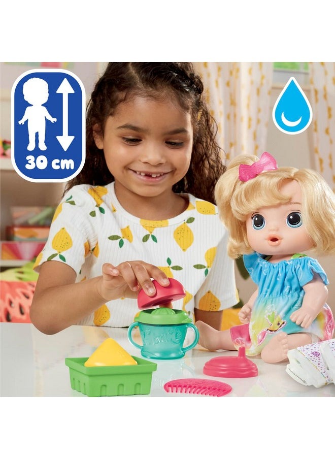 Fruity Sips Doll, Apple, Toys For 3 Year Old Girls, 12-Inch Baby Doll Set, Drinks & Wets, Pretend Juicer, Kids 3 And Up, Blonde Hair