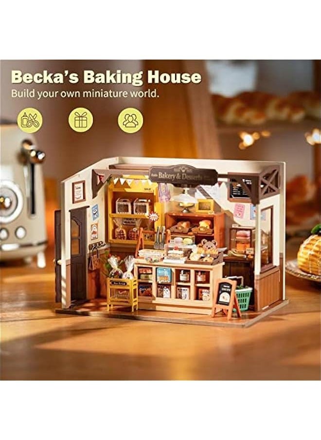 DIY Miniature Doll House Kit, Build Becka's Bakery Diorama House Building Set with LED Room Hobby Craft for Aduls Uniue Gifts for Teens