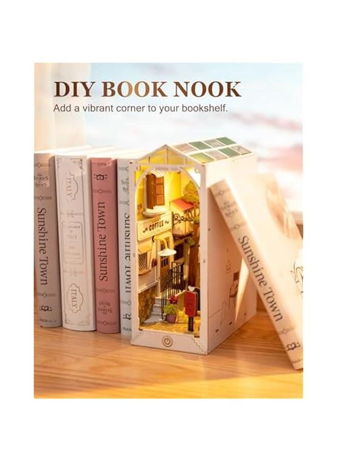 DIY Book Nook Kit 3D Wooden Puzzle for Adults 9.5 Bookshelf Indert Decor with LED Miniature Dollhouse Kit Bookend Crafts Diorama Hobbies Gifts for Boys Girls (Sunshine Town)