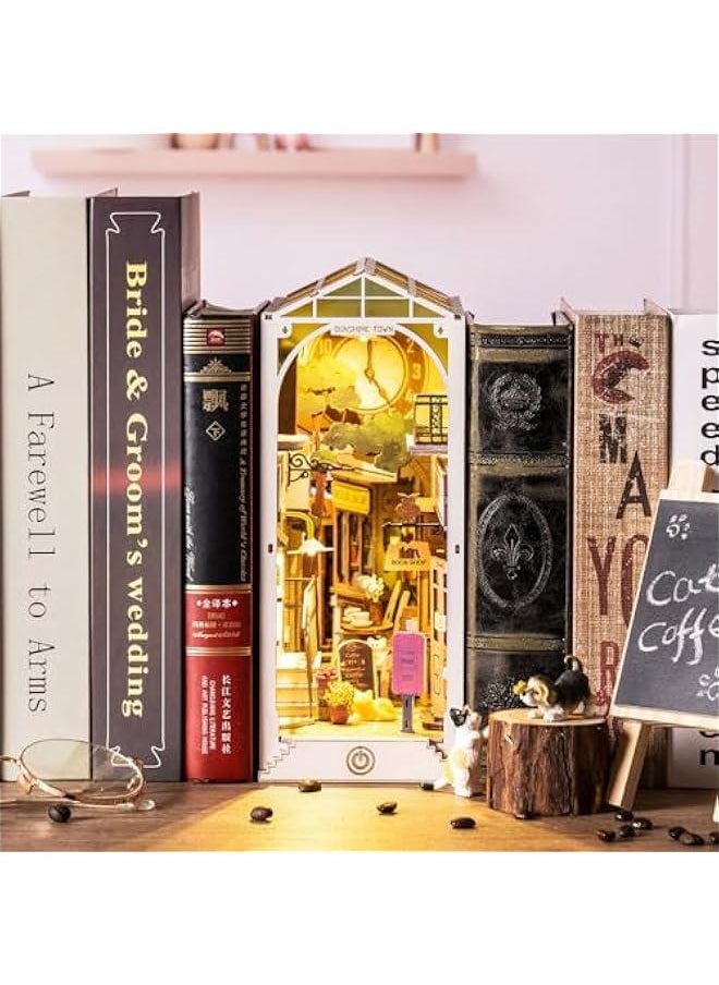 DIY Book Nook Kit 3D Wooden Puzzle for Adults 9.5 Bookshelf Indert Decor with LED Miniature Dollhouse Kit Bookend Crafts Diorama Hobbies Gifts for Boys Girls (Sunshine Town)