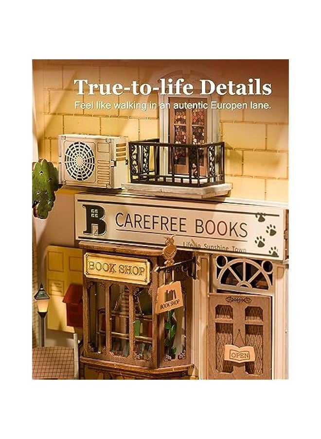 DIY Book Nook Kit 3D Wooden Puzzle for Adults 9.5 Bookshelf Indert Decor with LED Miniature Dollhouse Kit Bookend Crafts Diorama Hobbies Gifts for Boys Girls (Sunshine Town)