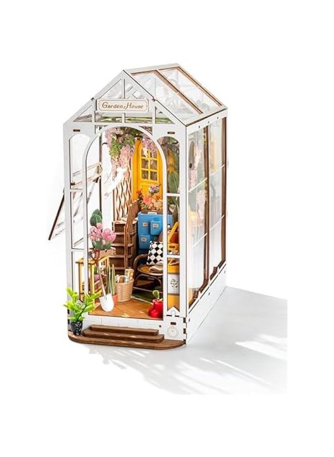 Book Nook Kit Wooden Bookcase 9.5 Garden House Miniature Kit with LED Decorative Bookends, 3D Puzzles for Adults Craft Hobby for Girls Boys Adults