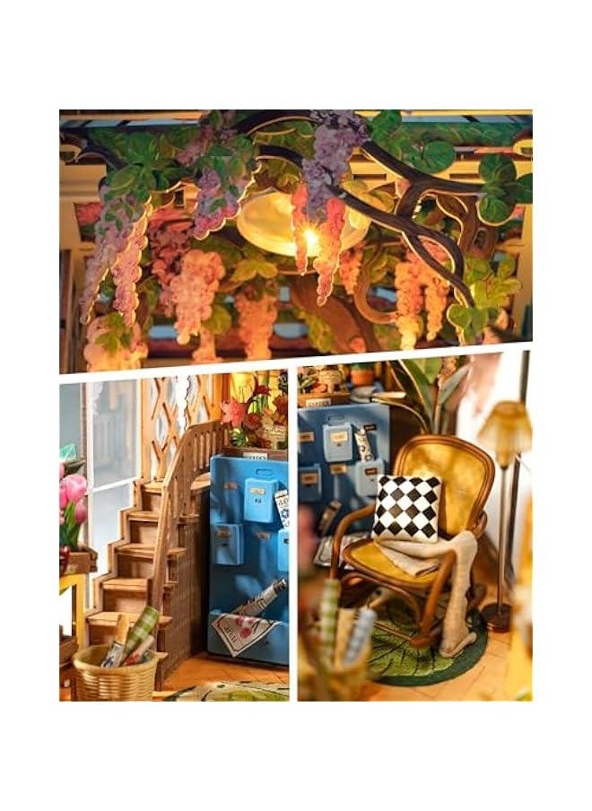 Book Nook Kit Wooden Bookcase 9.5 Garden House Miniature Kit with LED Decorative Bookends, 3D Puzzles for Adults Craft Hobby for Girls Boys Adults