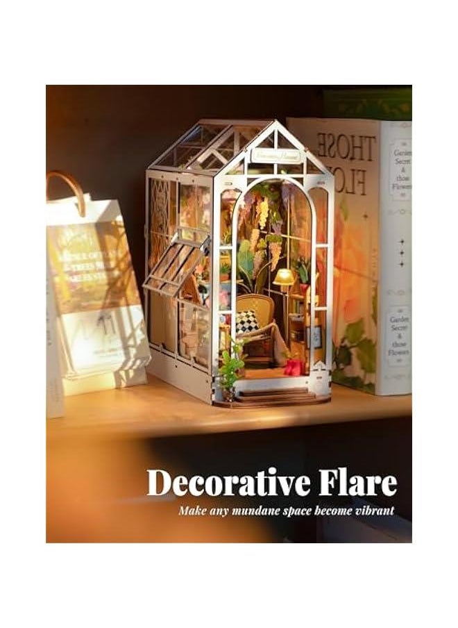 Book Nook Kit Wooden Bookcase 9.5 Garden House Miniature Kit with LED Decorative Bookends, 3D Puzzles for Adults Craft Hobby for Girls Boys Adults