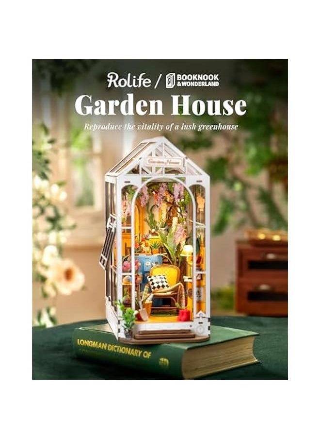 Book Nook Kit Wooden Bookcase 9.5 Garden House Miniature Kit with LED Decorative Bookends, 3D Puzzles for Adults Craft Hobby for Girls Boys Adults