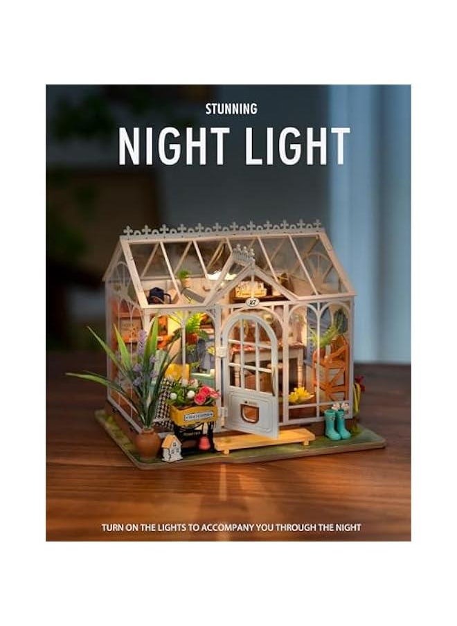 DIY Miniature Dollhouse Kit, Build 9.6 Greenhouse Diorama Kit Building Set with LED Room Hobby Craft for Aduls Uniue Gifts for Teens (Dreamy Garden)