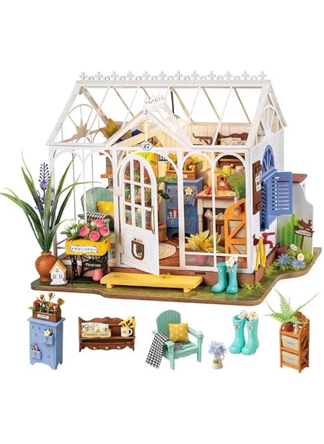 DIY Miniature Dollhouse Kit, Build 9.6 Greenhouse Diorama Kit Building Set with LED Room Hobby Craft for Aduls Uniue Gifts for Teens (Dreamy Garden)