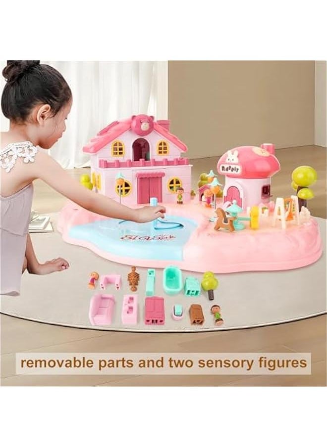 Magnet Building Sets Dollhouse Building Set with Two Figures for Toddlers, Sound＆Light, Accessories and Furniture DIY Dollhouse Play House Toy, Birthday Gift Toy House for Toddler Doll House Age 3-8