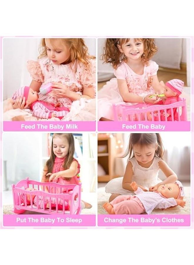 12 Baby Doll Playset Pretend Play Baby Care Toy with Stroller, Crib, Bathtub, Clothes and Accessories for Girls (Batteries Not Included)