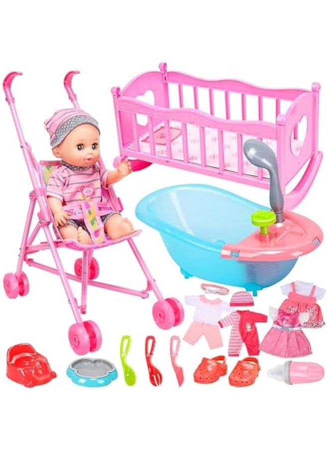 12 Baby Doll Playset Pretend Play Baby Care Toy with Stroller, Crib, Bathtub, Clothes and Accessories for Girls (Batteries Not Included)