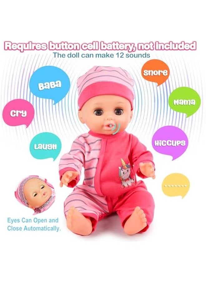 12 Baby Doll Playset Pretend Play Baby Care Toy with Stroller, Crib, Bathtub, Clothes and Accessories for Girls (Batteries Not Included)