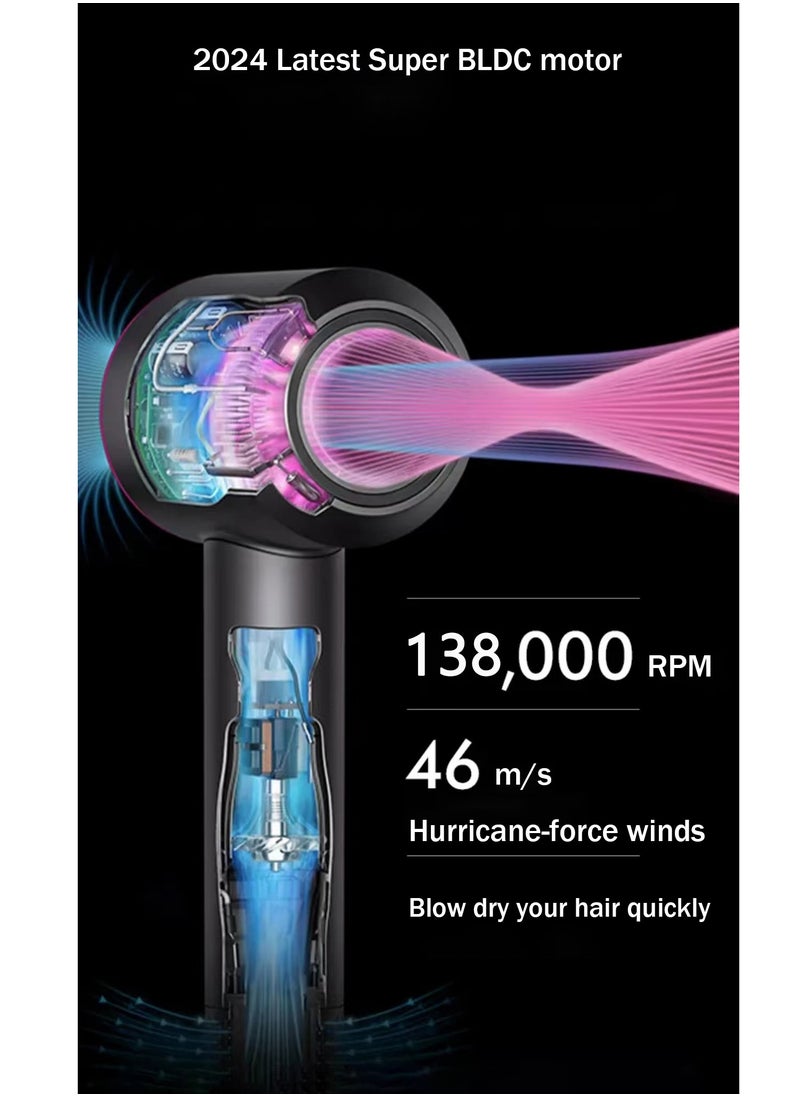 Professional  Hair Dryer 1600W BLDC motor Fast Drying Ion Hairdryer 3 Speeds 3 Heat Setting and One-Touch Cold Air with 4 Attachments and Equipped with 200 million negative ions