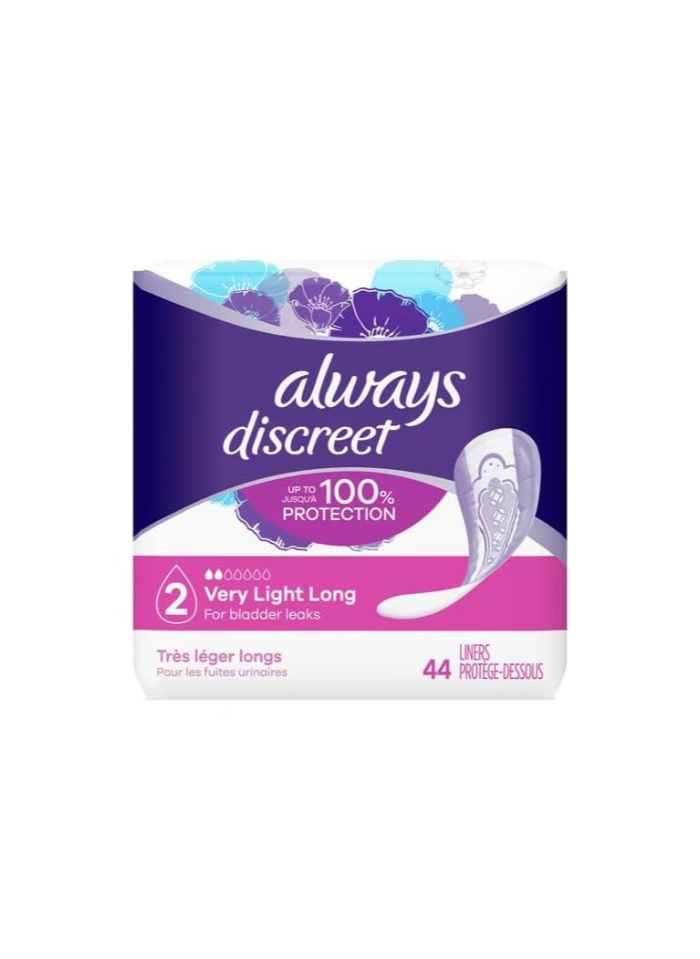 Always Discreet Adult Incontinence & Postpartum Liners For Women, Size 2, Very Light Absorbency, Long Length, 44 Count (Packaging May Vary)