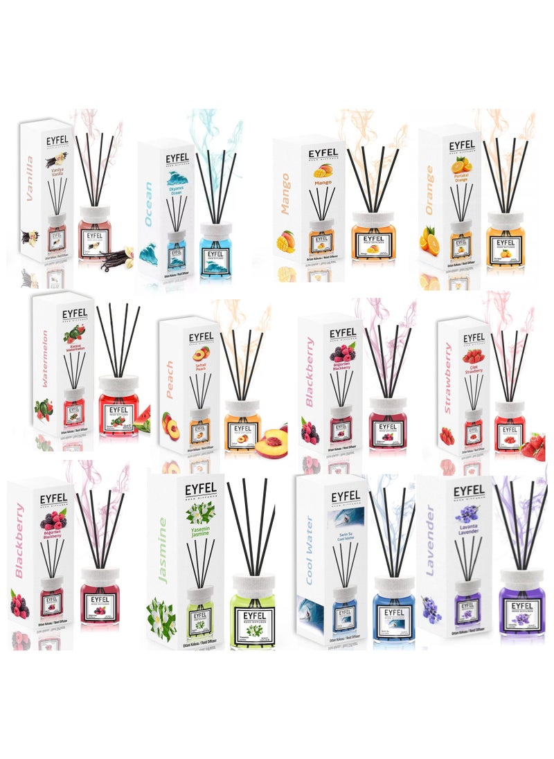 Pack of 12pcs Reed Diffuser Combo OCEAN MANGO WATERMELON PEACH BLACKBURRY JASMIN COOL WATER LAVANDER ORRANGE STRAWBERRY VANILLA 12x120 1440ml