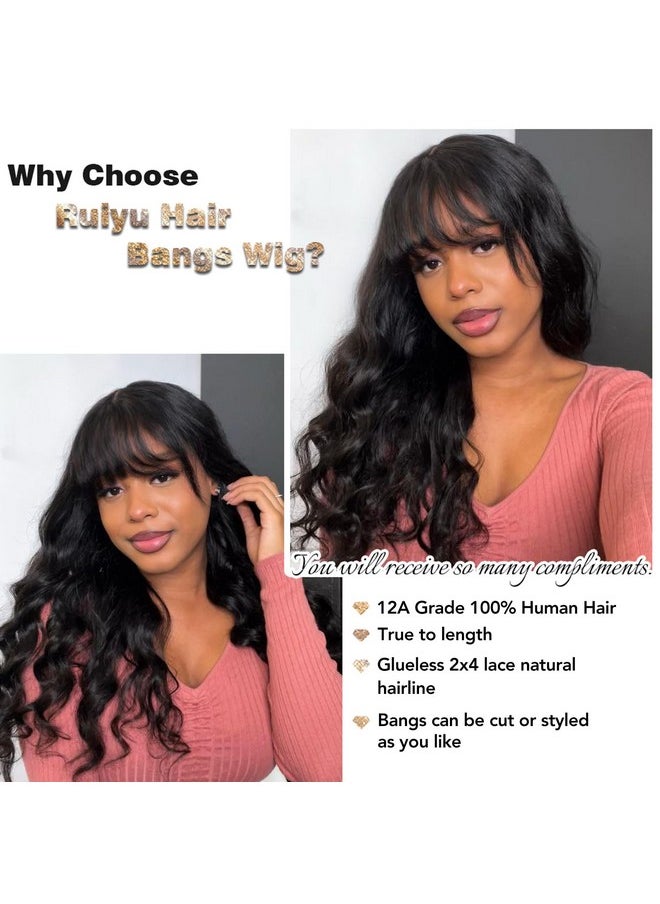 Body Wave Wig with Bangs 2x4 Lace Front Wigs Human Hair Wigs for Black Women Human Hair Glueless Closure Wigs Human Hair Wigs with Bangs 100% Brazilian Human Hair 180% Density Middle Part 18 Inch