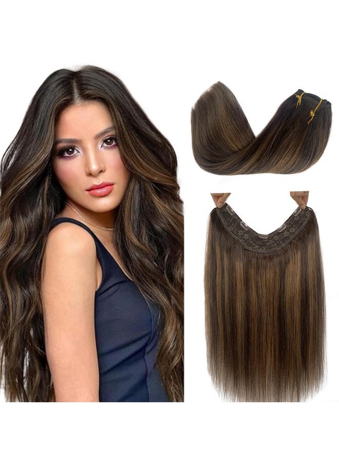 One Piece Extensions Clip in Brown Highlights Remy Thick Clip in Hair Extensions Human Hair Double Weft V Shaped Real Hair Extension Balayage One Piece Dark Brown and Chestnut Brown 22 Inch 100Gram