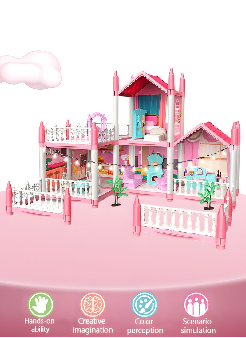 Dollhouse Dreamhouse Building Toys Figure Furniture, DIY House, Accessories, Pets & Dolls,Flashing Lights,Pink Play Dream House for Girls