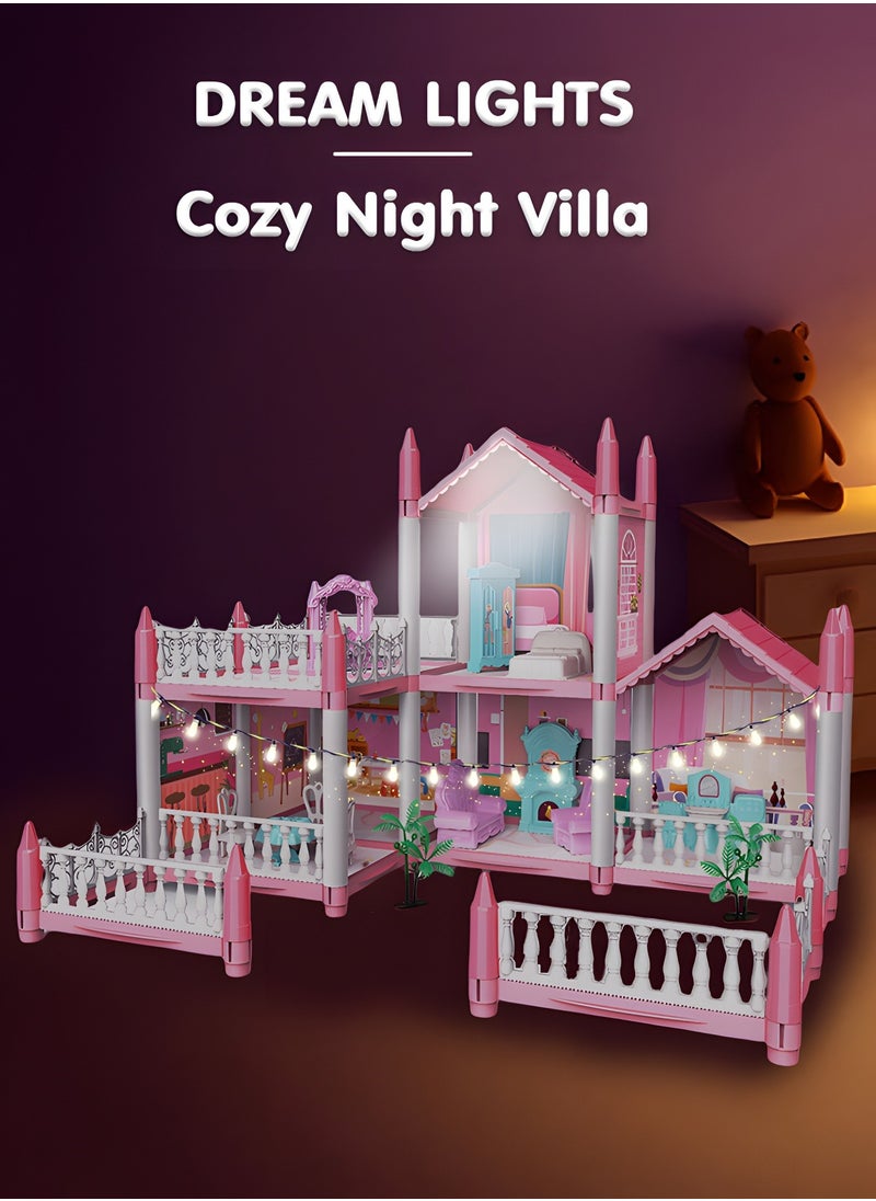 Dollhouse Dreamhouse Building Toys Figure Furniture, DIY House, Accessories, Pets & Dolls,Flashing Lights,Pink Play Dream House for Girls