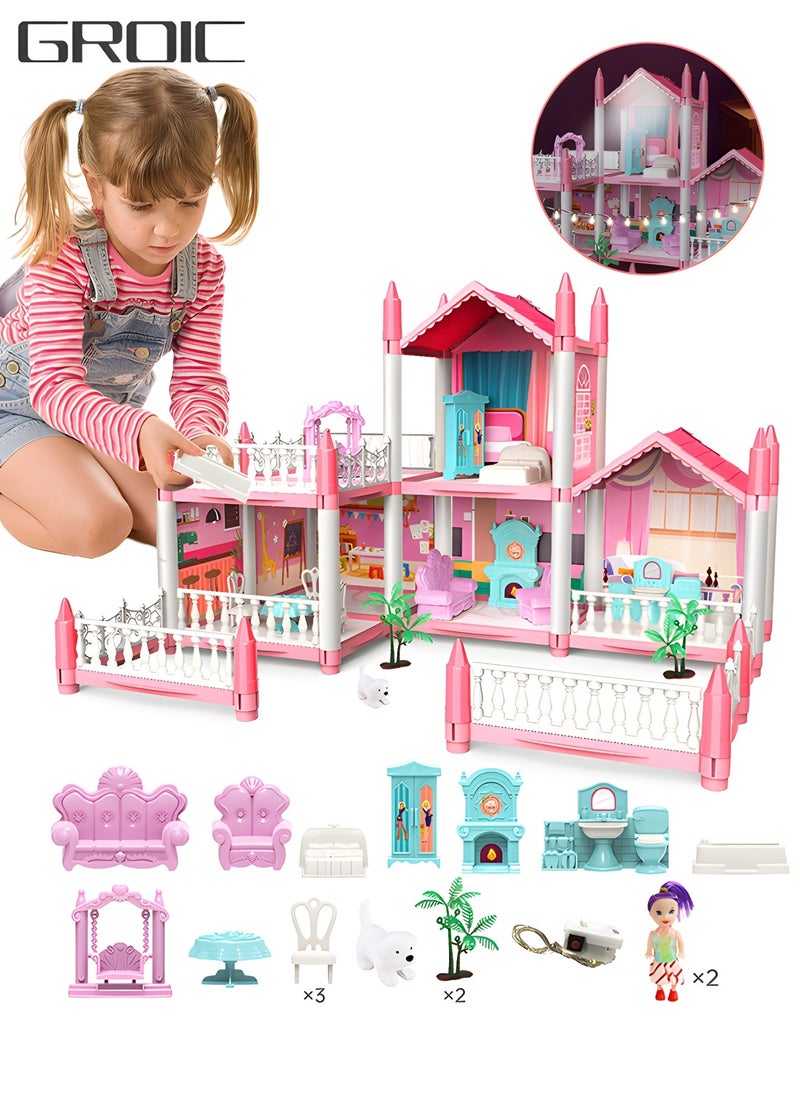 Dollhouse Dreamhouse Building Toys Figure Furniture, DIY House, Accessories, Pets & Dolls,Flashing Lights,Pink Play Dream House for Girls