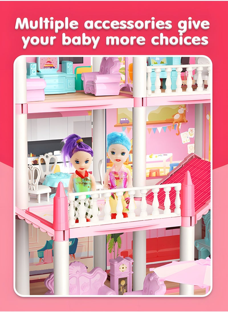 Dollhouse Dreamhouse Building Toys Figure Furniture, DIY House, Accessories, Pets & Dolls,Flashing Lights,Pink Play Dream House for Girls