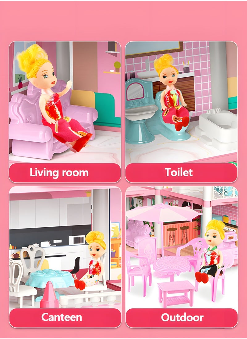 Dollhouse Dreamhouse Building Toys Figure Furniture, DIY House, Accessories, Pets & Dolls,Flashing Lights,Pink Play Dream House for Girls