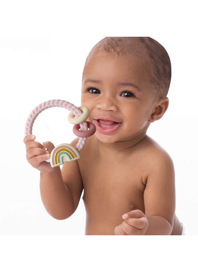 Silicone Teether With Rattle; Rattle Teether Features Rattle Sound, Two Silicone Teething Rings And Raised Texture To Soothe Gums; Ages 3 Months And Up (Pink Rainbow)