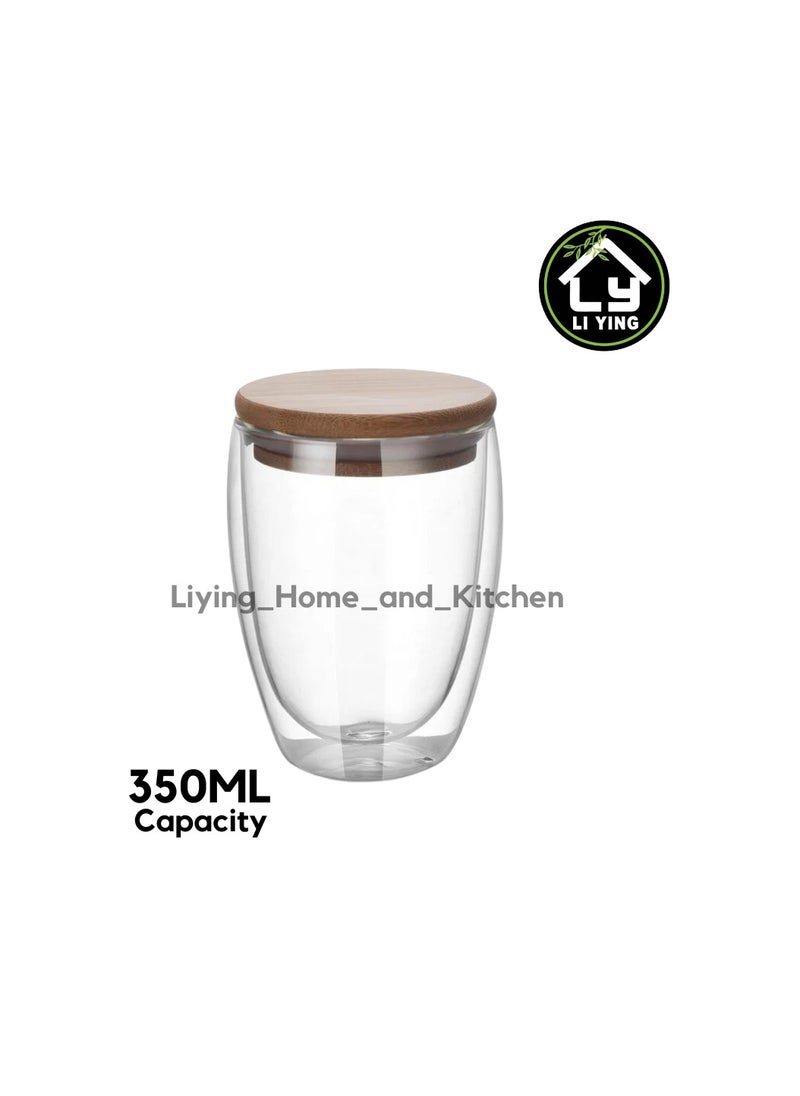 Liying Double-walled Borosilicate Clear Glass 350ML Coffee Mug with Bamboo Lid for Hot or Iced Coffee, Milk, Latte ,Cappuccinos & Cocktails (Big)