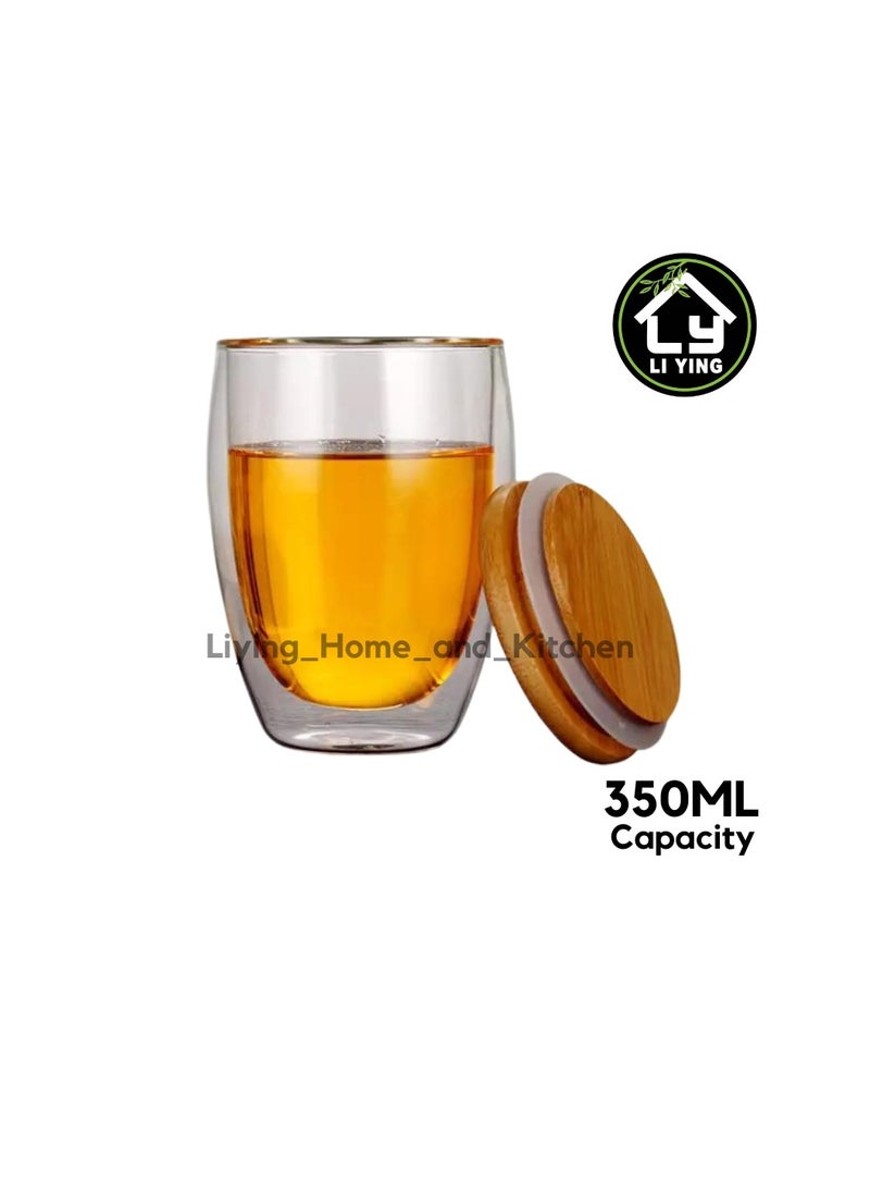 Liying Double-walled Borosilicate Clear Glass 350ML Coffee Mug with Bamboo Lid for Hot or Iced Coffee, Milk, Latte ,Cappuccinos & Cocktails (Big)