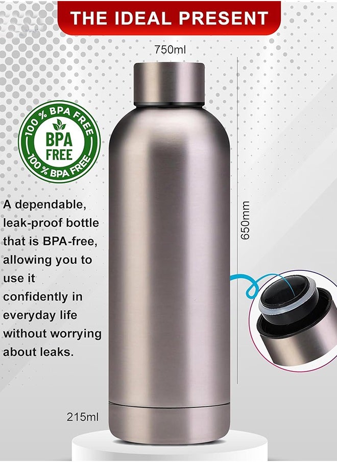 750 ml Water Bottle Stainless Steel, Drinking Thermos Double Wall Insulated Water Bottles for Hot and Cold Water for Women Men Metal Water Bottle for Gym Office Water Bottle Silver