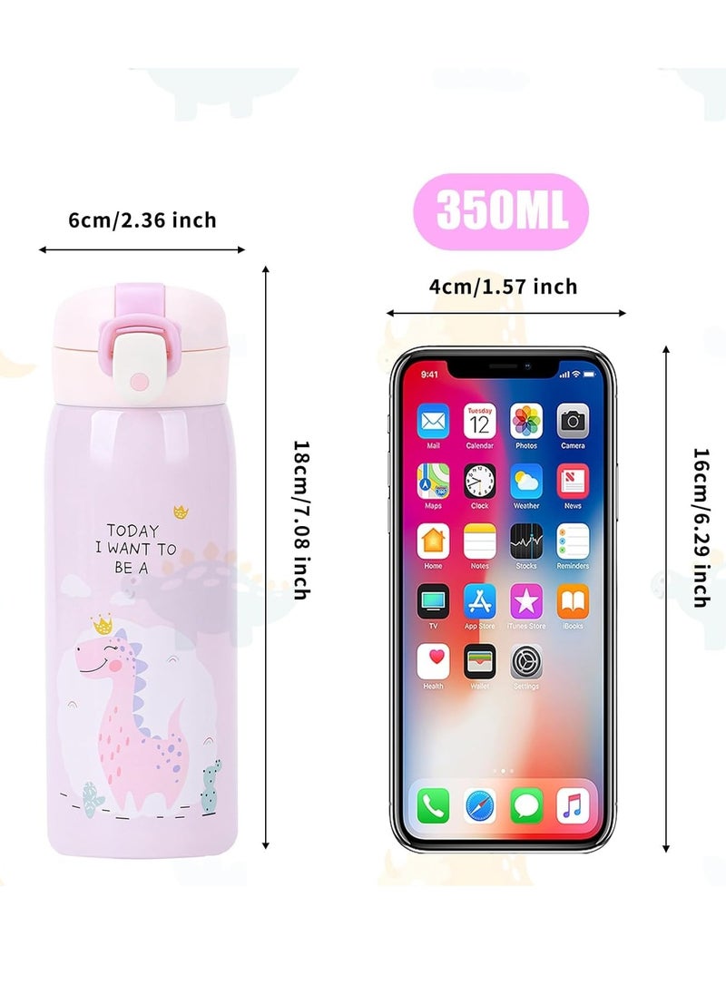 350ml Kids Water Bottles, Kids Stainless Steel Water Bottle BPA-Free Leak Proof Insulated Water Bottles for Boys and Girls Reusable Metal Water Bottles-Keep 12 Hours Hot 24 Hours Cold Pink